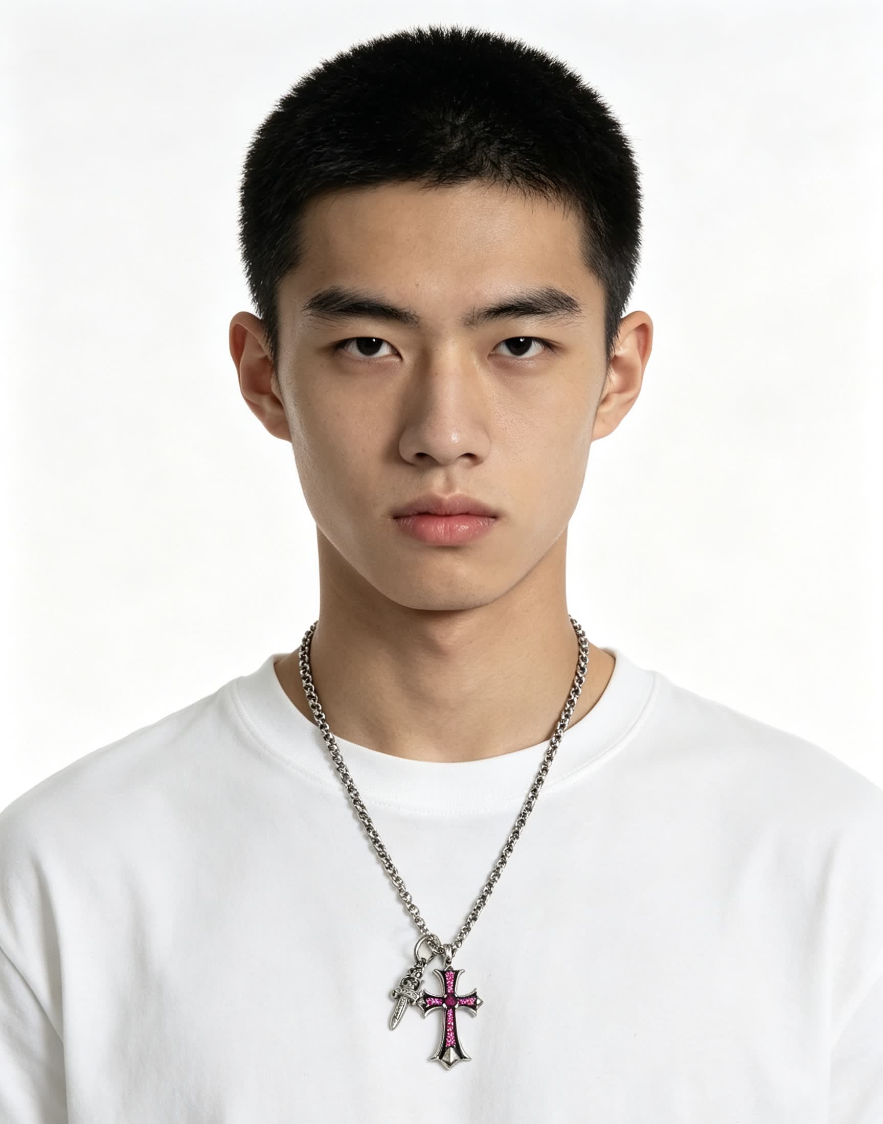Chrome Hearts Silver Cross Pendant with Pink Stones